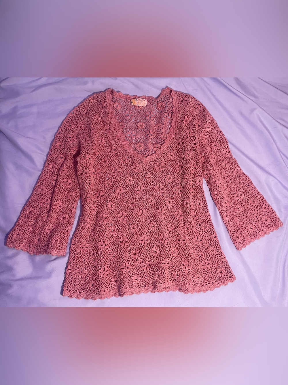Vintage 70’s Boho cottagecore dusty rose pink open knit crochet sweater top.